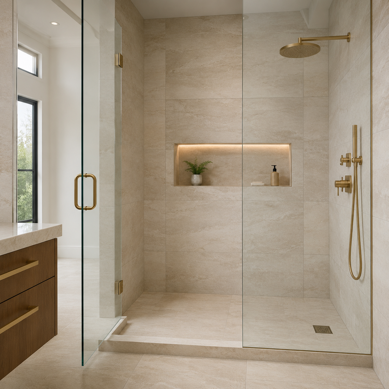 Custom tiled walk-in shower with refined stone finish