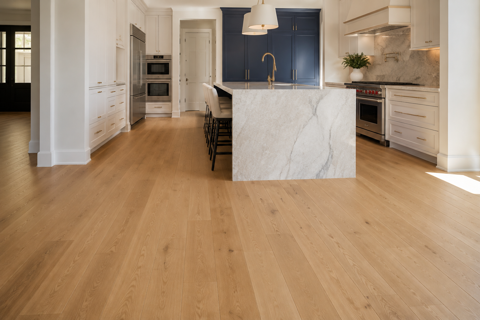 Modern kitchen with precise natural oak flooring installation